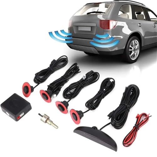 Radar de marcha atrás 12 V 4 sensores 16 mm original sensor de aparcamiento plano de coche Crescent Auto Reverse Backup Radar Detector con pantalla radar inverso de estacionamiento (negro)