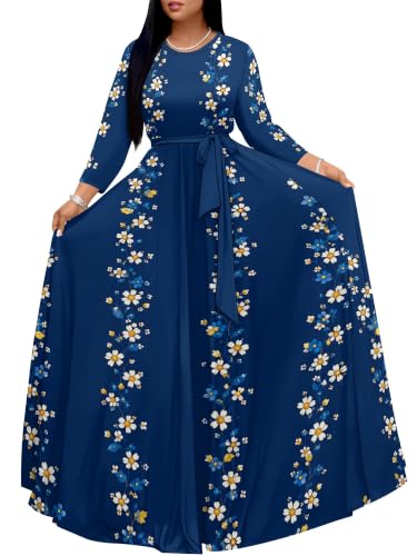 Image of Women Plus Size Long Sleeve V Neck Maxi Dress with Belt | Soft fabric relaxed fit three quarter sleeve v neck with pockets for party and daily wear