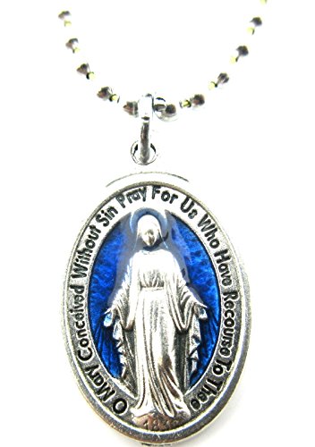 The Miraculous Medal Pendant Necklace,Blue/Silver,No Tarnish Chain