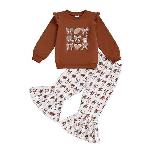 Toddler Little Girl Football Outfit Rugby Bow Ruffle Long Sleeve Sweatshirt Pullover Top Flare Pants Set 2-6T Clothes