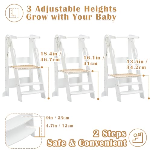 Miniatura 3 de Funlio Taburete Plegable Para Niños De 2 A 6 Años Con Altura Ajustable De 3 Niveles, Taburete De Cocina Plegable Con Rieles De Seguridad, Taburete Montessori, Fácil De Montar, Color Blanco