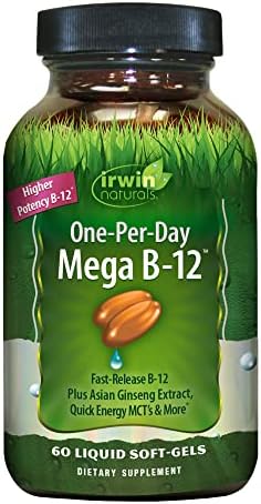 Irwin Naturals One-Per-Day Mega B-12 1,500mcg High Potency Methylcobalamin Vitamin - Fast Enhanced Absorption with MCT + Asian Ginseng - Natural Energy Boost - 60 Liquid Softgels