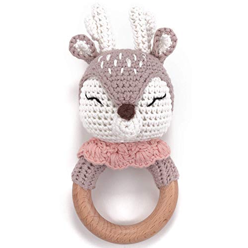Beißring gehäkelte süße Reh mit integrierter Babyrassel, Greifling Spielzeug Beißring | Geschenk zur Geburt, Babyparty, Handmade für Baby & Kinder Junge/Mädchen (Reh)