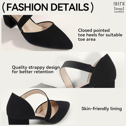 Image of IDIFU IN2 Women's Pumps Closed Pointed Toe Low Block Chunky Comfort Heels | Strappy Wedding Bride Bridesmaid Prom Graduation Business Dress Shoes Trendy Comfortable Formal Cute 2 inch Short Small Heel