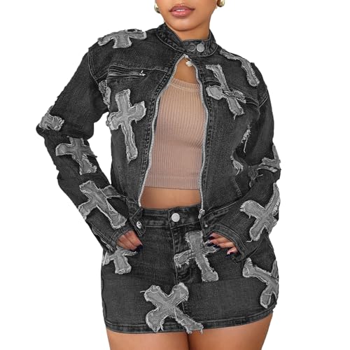 Elainone 2 Piece Denim Set for Women Long Sleeve Zipper