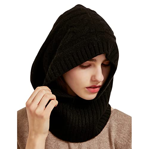 YUONNY 100% Cashmere Hood Loop Scarf, Women Men Winter Warm Knitted Hooded Hat Scarves Headscarf Neckwarmer