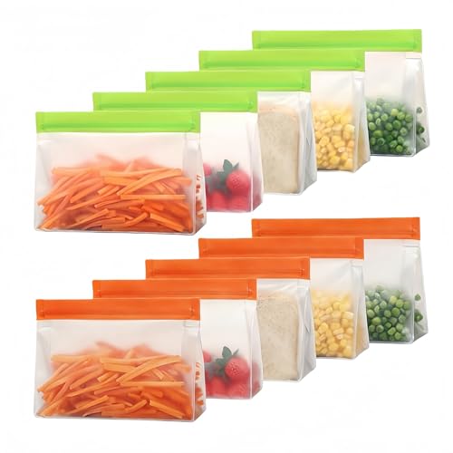 PABCK 10 Pcs Reusable Freezer Bags Stand Up Food Storage Leakproof Silicone PEVA Resealable Produce Bag for Sandwich Snack Fridge Organization for Lunch Travel (5 Green+5 Orange, 6.1x4.3+1.97 inch)