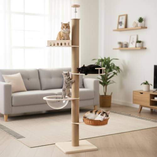Kratzbaum, 5 Etagen Katzenbaum vom Boden bis zur Decke, höhenverstellbare Katzenkratzbaum(255-270cm), Kletterbaum Katze mit Geländern &...