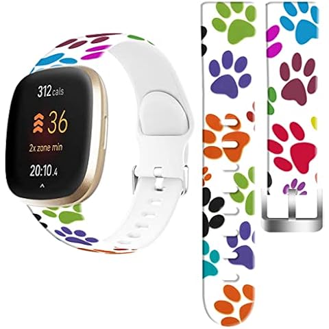 Cisland Bands For Versa 3/4 Animal Print Silicone Design Print for Women Girls Strap Replacement Compatible with Sense/Versa 3/4 Small Large + Colorful Dog Footprint Craws Paws Cover