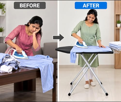 Image of SD STANDLONE Premium Foldable Ironing Board with Iron Rest & Adjustable Height | Heavy-Duty Steel Frame | Heat-Resistant Padded Cover | Stable Non-Slip Legs | Space-Saving Design for Home Use