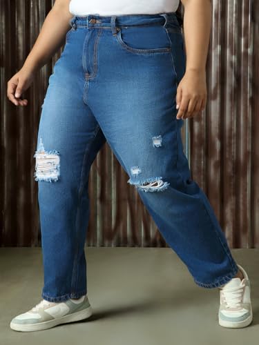 Image of High Star Plus Size Women Cotton Washed Mom Fit High-Rise Jeans