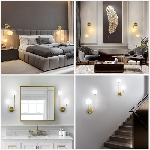 Image of Milk Glass Wall Sconce Gold Wall Sconces Set of Two Mid Century Modern Sconces Wall Lighting 2 Light Globe Sconce for Bedroom Living Room Hallway Wall Light Fixtures