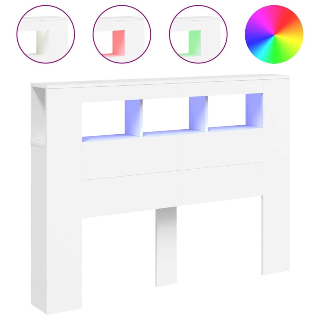 vidaXL Cabecero con LED, Cabecera con Almacenaje, Cabezal de Cama, Cabecero para Dormitorio, Madera de Ingeniería Blanco 140x18,5x103,5 cm