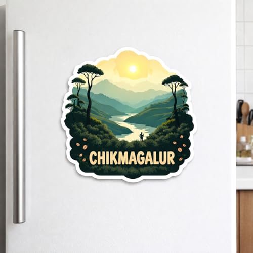 Image of Naxon Chikmagalur City Theme Souvenir Wooden Fridge Magnet | Karnataka Coffee Plantations & Mountain Design 3x3 Inch Refrigerator Magnet for Kitchen & Home Decor | Travel Gift Chikmagalur | Pack of 1