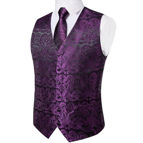 DiBanGu Mens Vest and Tie Set Formal Paisley Waistcoat and Necktie Pocket Square Cufflinks Silk Suit Vest for Tuxedo Wedding, Dark Purple, Large2