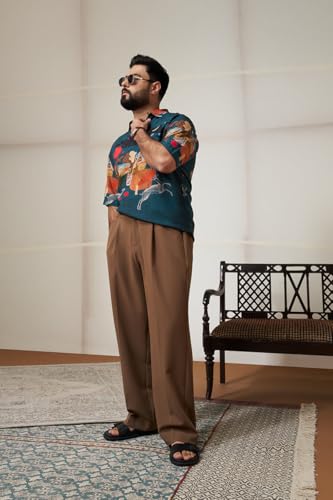 Image of SNITCH x BISMIL Men Casual Shirt | Relaxed Fit Half Sleeve Cuban Collar Artistic Printed Design | 100% Viscose & Breathable Fabric for Vacations & Everyday Wear