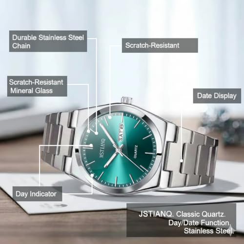MSTIANO Men's Luxury Quartz Watch, Green Dial, Stainless Steel Band - Image 4