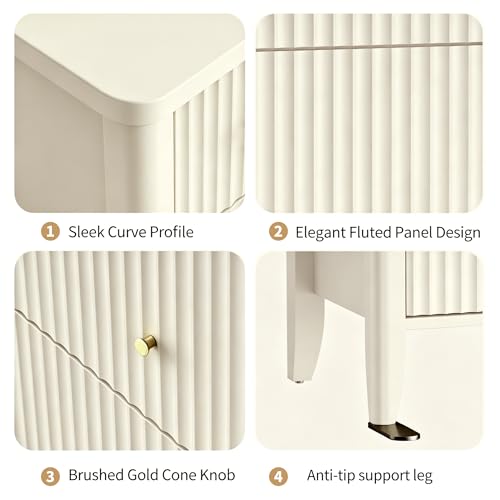 Image of Fatmok Fluted 3 Drawer Dresser for Bedroom, 34 inch Wide Chest of Drawers, Modern Wood Nightstand End Table with Metal Handles, Striped Storage Cabinet for Living Room, Hallway, Entryway, Alabaster White