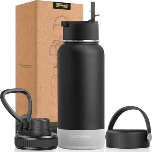 Image of koodee Sports Water Bottle with 3 Lids- 32 oz Stainless Steel Double Wall Vacuum Insulated Water Bottle for Men-Reusable Travel Water Flask Leakproof & BPA Free (Black)