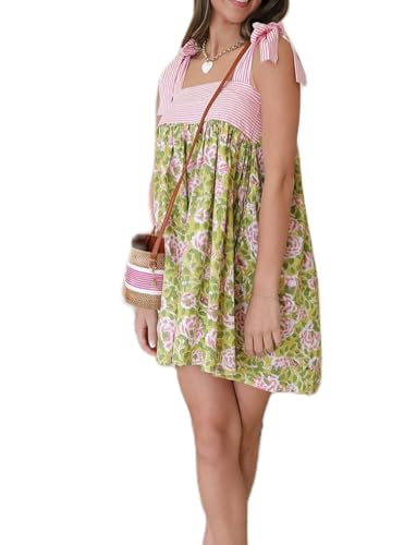 Image of Women Tie Shoulder Mini Dress Floral Ruffle Babydoll Dress Boho Square Neck Sundress Cute Summer Dresses