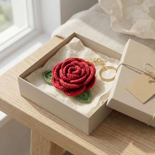 Image of Handmade Crochet Rose Flower Keychain for Women & Girls, Cute Red Flower Key Ring, Soft Yarn Knitted Charm, Romantic Gift, Bag Accessory, Car Key Holder, Aesthetic Handmade Gift