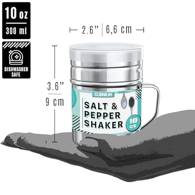 CUSINIUM 10oz Stainless Steel Salt Pepper Dredge Shakers - With Plastic Cap - With Handle - Pack of 2