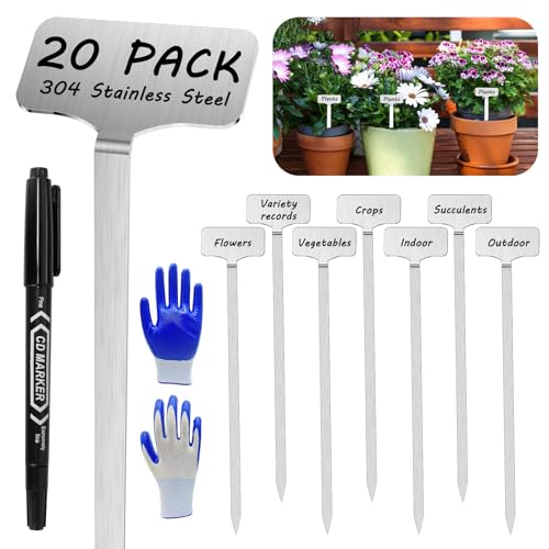 CareForge 304 Stainless Steel Plant Label 20 Waterproof Metal Plant Label Stakes and Marker Pen 7.87 Garden Markers for Outdoor Indoor Plants Identification.