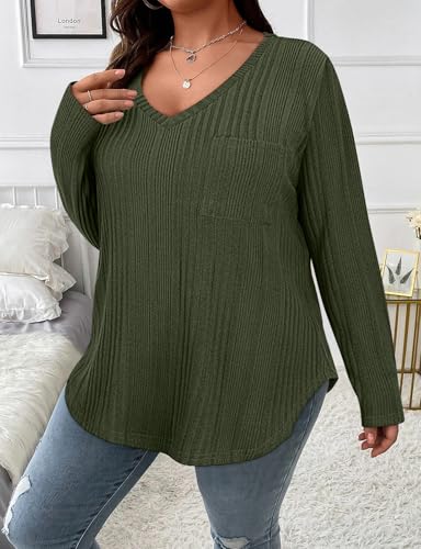 Image of Koscacy Women Plus Size Casual Knit Sweater with Pocket V Neck Solid Color Tops Lightweight Long Sleeve Blouses