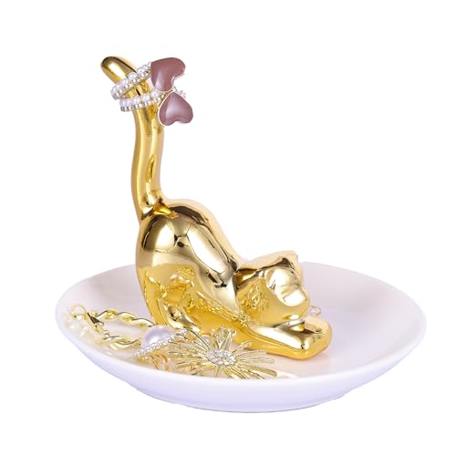 suruim Gold Cat Ring Holder Dish, Cat Jewelry Organizer for Rings, Earrings, Bracelets, Cute Cat Lover Gift for Women, Jewelry Tray Cat Themed Gifts for Mom, Girls, Friends, and Valentine's Day (Cat)