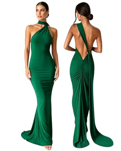 Image of Suillty Women's Sexy Oblique Shoulder Backless Maxi Dress Ruched Back Strap Sleeveless Party Club Long Dresses Bodycon