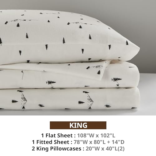 Image of Woolrich Cotton Sheet Set Cottage Charms Print, 100% Cotton Flannel Sheets Warm & Fuzzy Bedding Set King Size Sheets, Fitted Pocket Fits Up to 14 inch Mattress, King Black Pine Trees 4 Piece