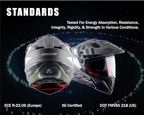 Image of Axor X-Cross Orbit ISI ECE and DOT Certified Premium Off-Road Full Face Helmet with Pinlock Fitted Dual Visors and Stylish Peak-Dull Athena Grey Black-L