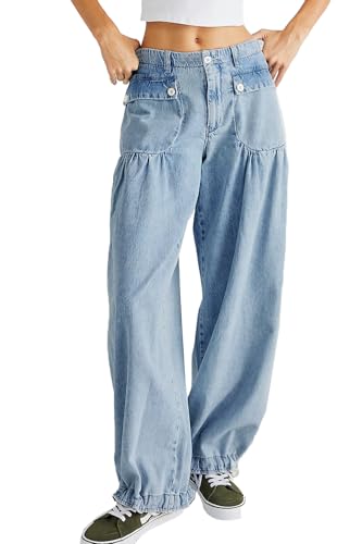 yoeasy Women's Lotus Tube Jeans Mid Rise Baggy Wide Leg Barrel Jeans Ruffle Pleated Denim Pants with Drawstring