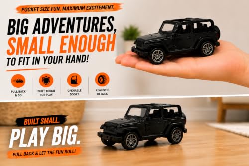 Image of Braintastic Model Diecast Car Toy Vehicle Pull Back Friction with Openable Doors Light & Music Toys for Kids Age 3+ Years (Thar Jeep Small Black)