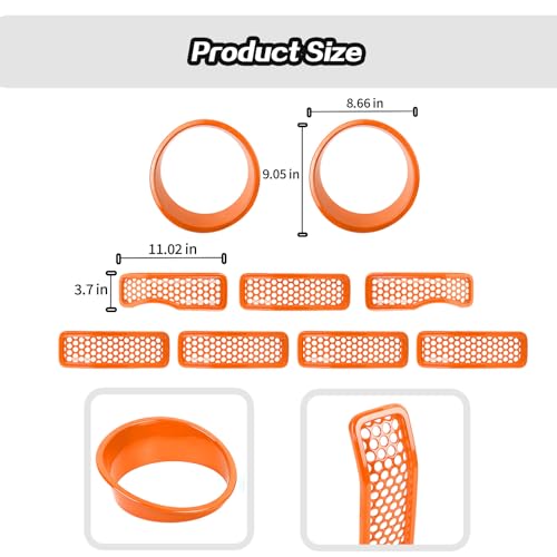 Image of JeCar 9pcs Orange Grill Inserts & Headlight Covers Trim Kit for 2024 2025+ Jeep Wrangler JL JLU