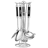 Innoteck 5pcs Cooking Utensil Set with Wire Holder - Stainless Steel Slotted Turner, Soup Laddle, Solid Spoon, Slotted Spoon & Masher Set - Nonstick Kitchen Utensils Set - Cookware Tools