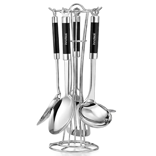 Innoteck 5pcs Cooking Utensil Set with Wire Holder - Stainless Steel Slotted Turner, Soup Laddle, Solid Spoon, Slotted Spoon & Masher Set - Nonstick Kitchen Utensils Set - Cookware Tools