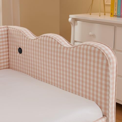 KEIKI Twin Size Upholstery Daybed with Trundle and USB, Twin to King Design Adorable Wave Shaped Extendable Linen Sofa Bed, Easy Assembly, No Box Spring Required, for Living Room and Bedroom, Pink — view 5