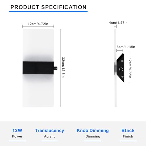 Image of Lightess Hardwired Wall Sconce with Switch, Black, 12W, Cool White, 1 Pack | Indoor Wall Light, Dimmable, Modern Acrylic Wall Mounted, For Hallway Stairway Bedroom