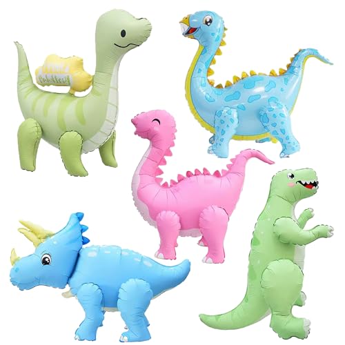 LilyZheng 3D Dinosaur Balloons 5-Pack Self-Standing Pastel Foil Dino Balloons Inflatable Dinosaur Party Decorations for Kids Birthday Jurassic Theme Party Supplies