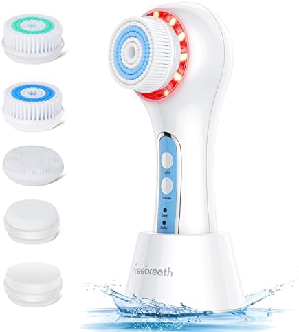 FreeBreath Facial Cleansing Brush, IPX7 Waterproof Face Scrubber with 3 Speed Modes, Face Brushes for Cleansing and Exfoliating with 5 Brush Heads, Removing Blackhead, Fully Rechargeable (Light Blue)