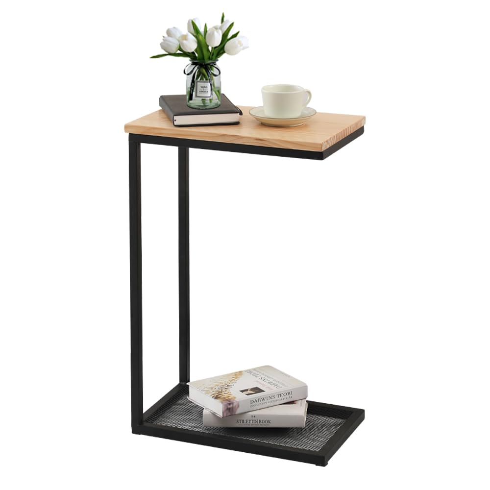Mingone Side Table Wooden Bedside Table Sofa Table Telephone Table C-Shape Pine Wood Coffee Table with Storage Space for Living Room Bedroom 28 x 45 x 68 cm