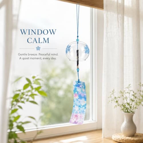 Image of Artibetter Japanese Glass Wind Chime Hanging Bell with Cherry Blossom Design | Handmade Furin Wind Bell for Home, Balcony, Garden, Patio, Window & Gift Decor (Blue)