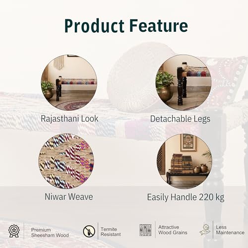 Image of Wooden Bench for Seating | Handcrafted Sheesham Wood Bench for Living Room, Balcony & Garden | Traditional Patio for Outdoor with Chindi and Jute Handwoven Rope | Jute and Multicolor