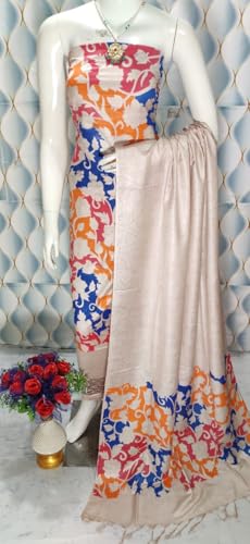 Image of Katan Slub Silk Unstitched Salwar Suit Dress Material for Women & Girls with Dupatta | Madhubani Screen Print | Top-2.5M, Bottom-2.5M, Dupatta-2.4M | Ethnic Wear | Code 243