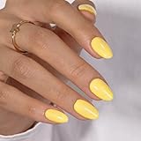 KQueenest Bright Yellow Press On Nails Short Oval - Acrylic Press On Nails with Glue, Almond Short...