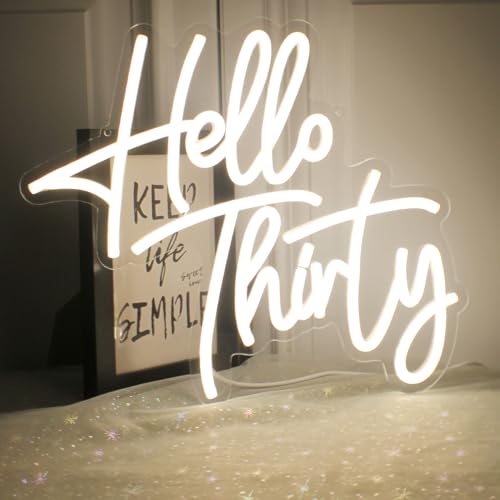 Image of Hello Thirty Neon Sign, LED Neon Signs for Thirty Birthday Anniversary Backdrop, 30th Birthday Party Decor Favors Neon Lights for Couple Anniversary and Birthday Party Decoration
