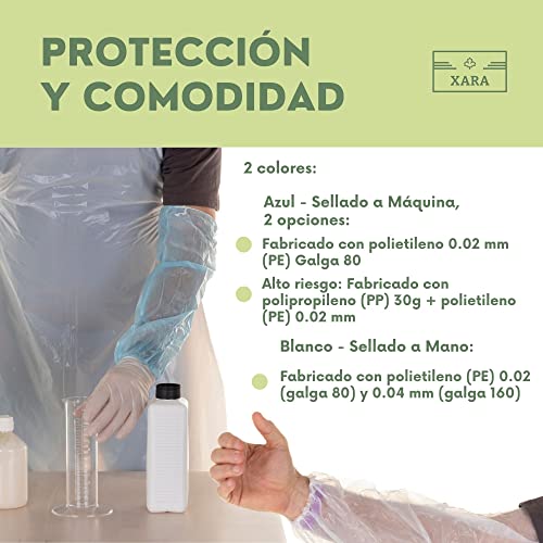 XARA - Ärmelabdeckung aus Polyethylen, 0,02 mm, verstellbar, Einwegschutz für Arme und Ärmel, von Hand versiegelt, Weiß, 100 Stück