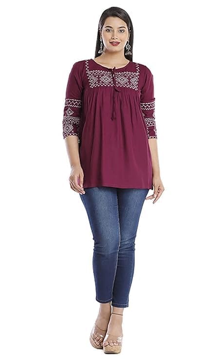 Image of Avayayat Women's Rayon Classic Heavy Embroidery Top with Beautifull Tassels at Front and on Both Sleeves Regular Fit Office Wear Festival Tunic Jeans Summer