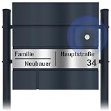 Graviers Design Moderner Briefkasten mit Funkklingel in Anthrazit RAL 7016 - Laserschnitt Postkasten personalisiert Edelstahl Name Straße Hausnummer - Standbriefkasten mit Schloss Design 2